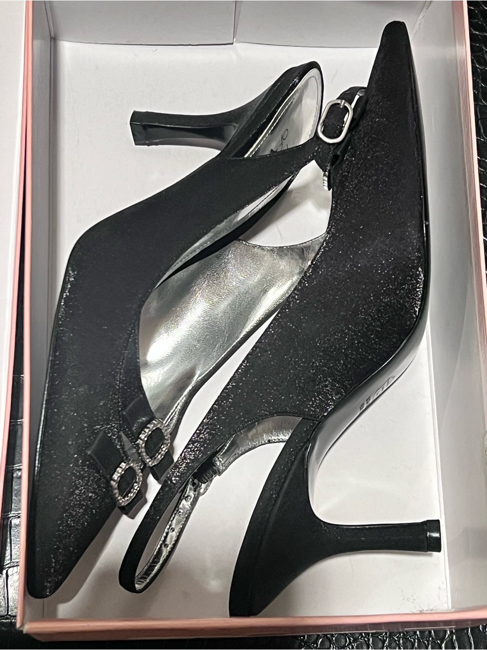 Touch of Nina Black Pointed Slingback Heels with Rhinestone Buckles